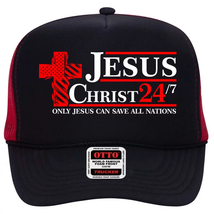 Jesus Christ 2024 24/7 Only Jesus Can Save All Nations Christian Catholic Cross High Crown Mesh Trucker Hat