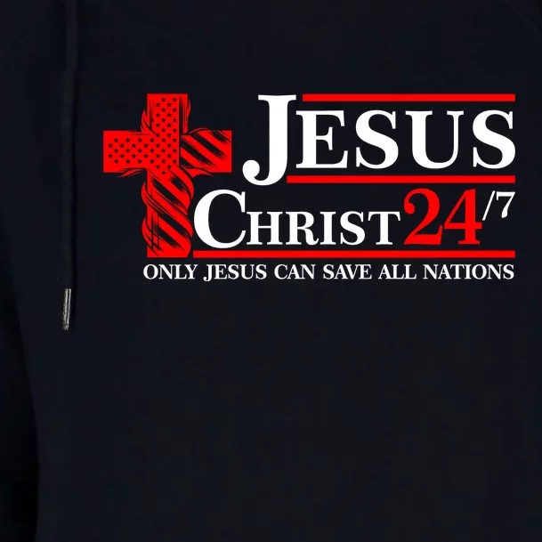 Jesus Christ 2024 24/7 Only Jesus Can Save All Nations Christian Catholic Cross Womens Funnel Neck Pullover Hood