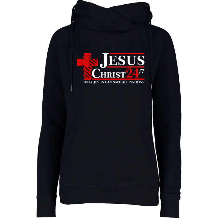 Jesus Christ 2024 24/7 Only Jesus Can Save All Nations Christian Catholic Cross Womens Funnel Neck Pullover Hood