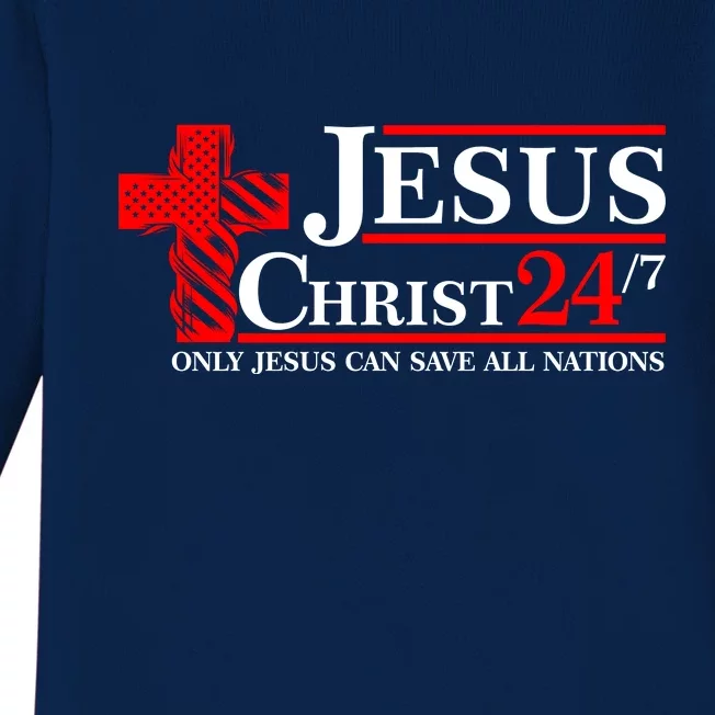 Jesus Christ 2024 24/7 Only Jesus Can Save All Nations Christian Catholic Cross Baby Long Sleeve Bodysuit