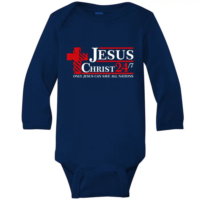 Jesus Christ 2024 24/7 Only Jesus Can Save All Nations Christian Catholic Cross Baby Long Sleeve Bodysuit