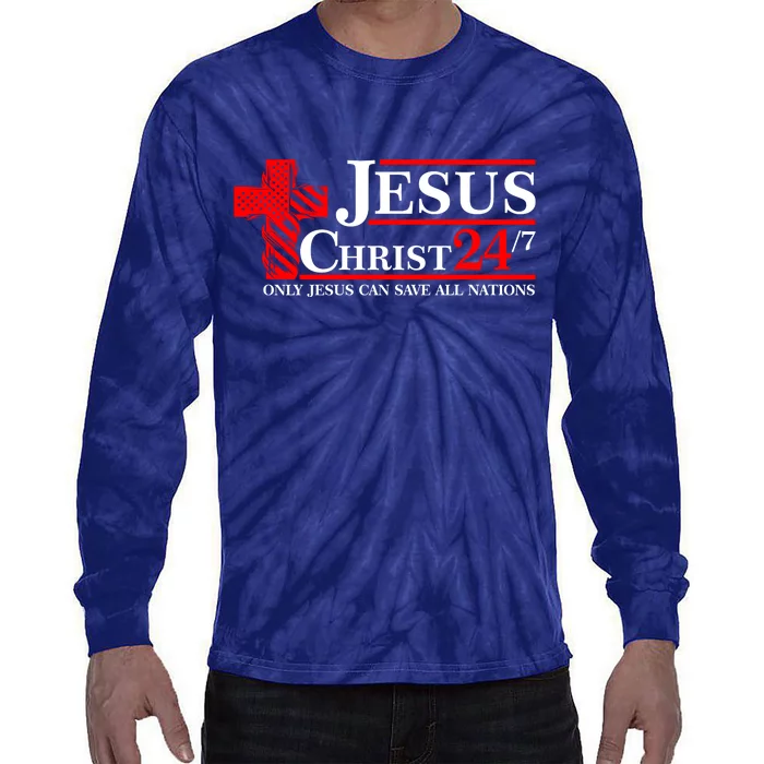 Jesus Christ 2024 24/7 Only Jesus Can Save All Nations Christian Catholic Cross Tie-Dye Long Sleeve Shirt