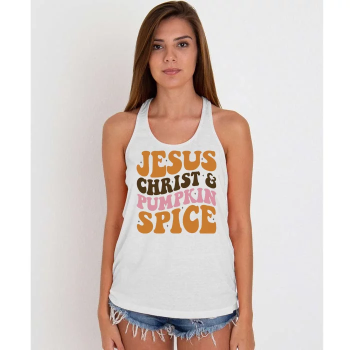 Jesus Christ And Pumpkin Spice Retro Groovy Christianity Women's Knotted Racerback Tank