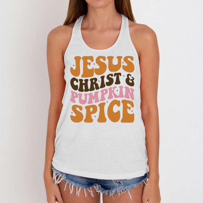 Jesus Christ And Pumpkin Spice Retro Groovy Christianity Women's Knotted Racerback Tank