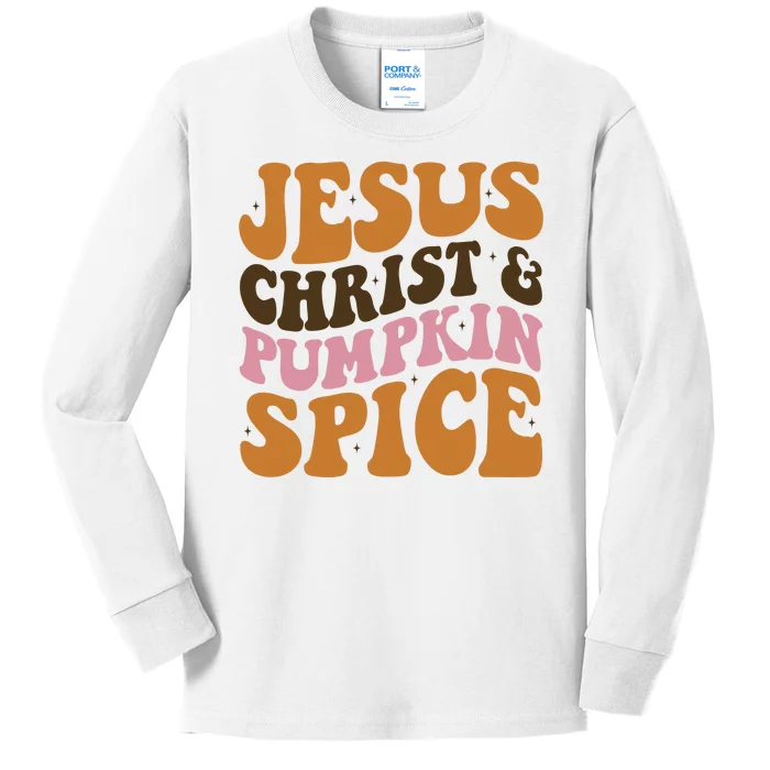 Jesus Christ And Pumpkin Spice Retro Groovy Christianity Kids Long Sleeve Shirt