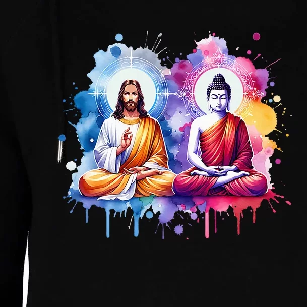 Jesus Christ And Buddha Meditating Womens Funnel Neck Pullover Hood