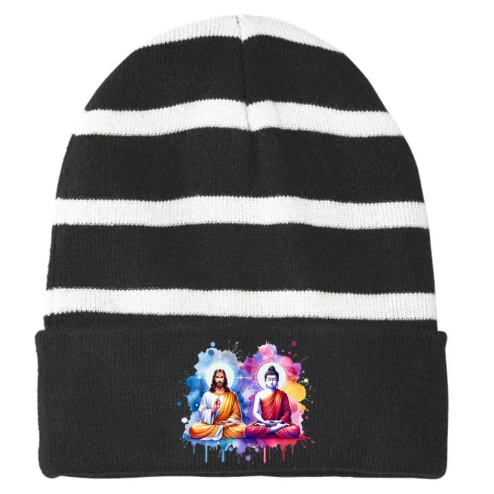 Jesus Christ And Buddha Meditating Striped Beanie with Solid Band