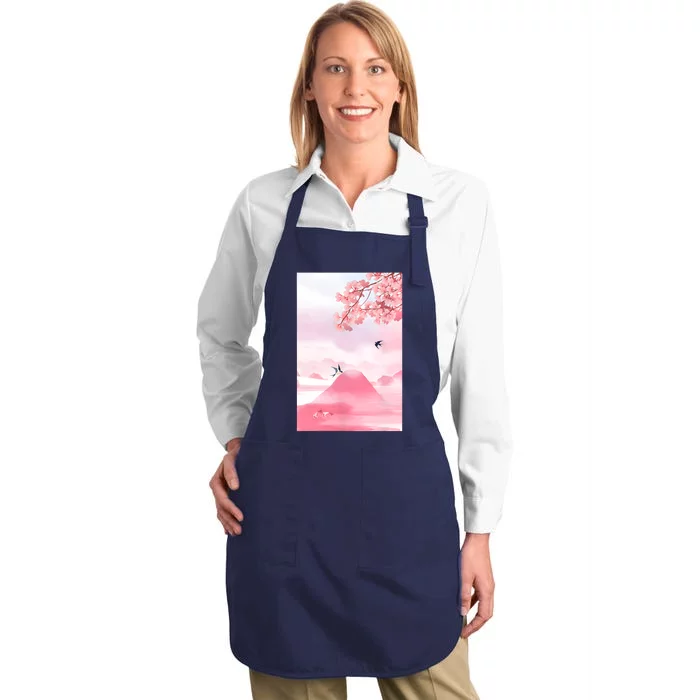 Japanese Cherry Blossom Japanese Woodblock Art Retro Full-Length Apron With Pocket