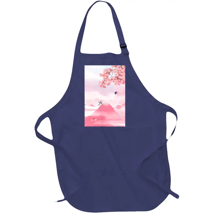 Japanese Cherry Blossom Japanese Woodblock Art Retro Full-Length Apron With Pocket