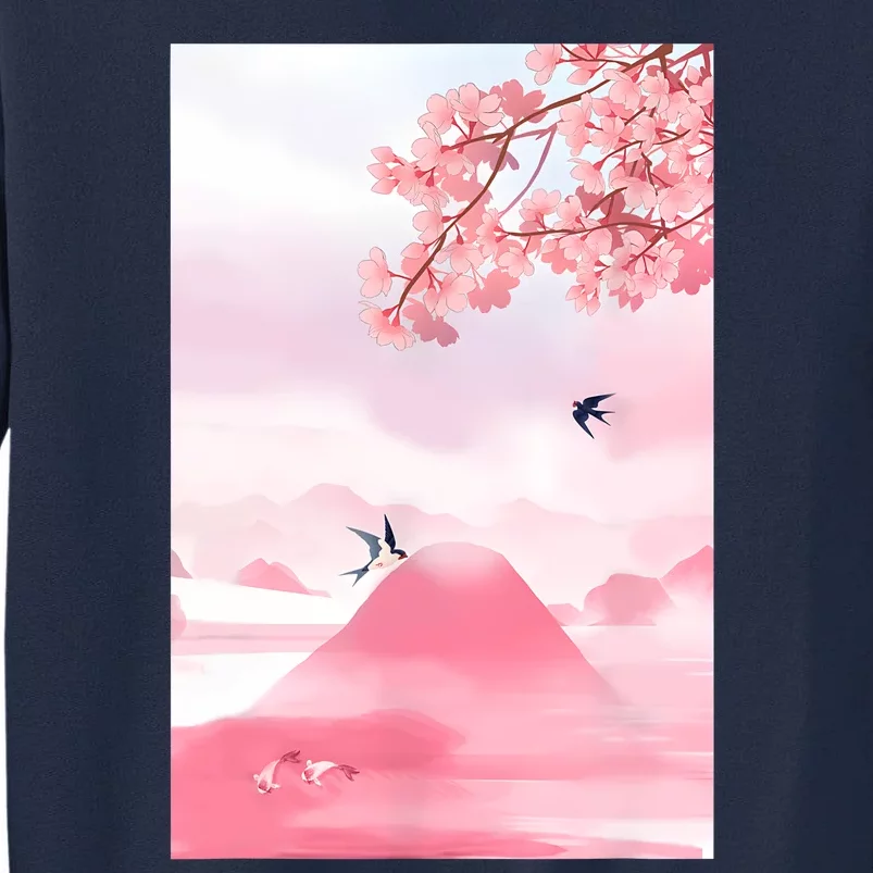 Japanese Cherry Blossom Japanese Woodblock Art Retro Tall Sweatshirt