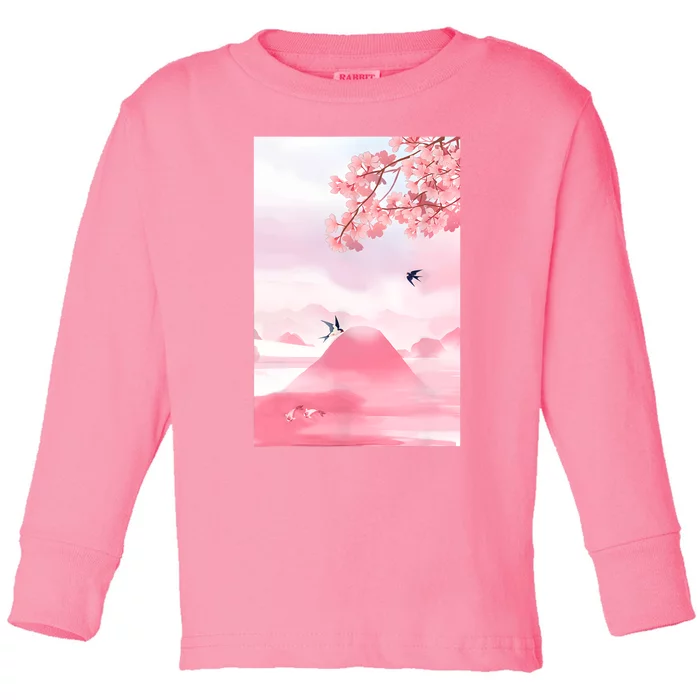 Japanese Cherry Blossom Japanese Woodblock Art Retro Toddler Long Sleeve Shirt