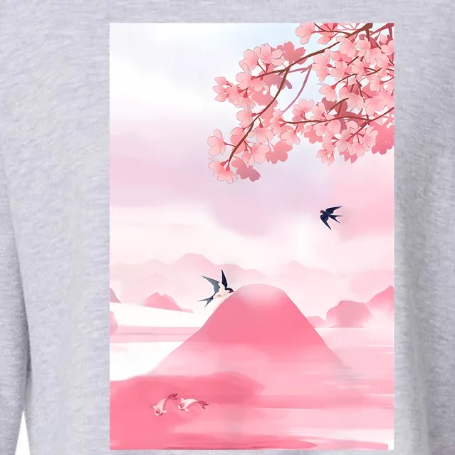 Japanese Cherry Blossom Japanese Woodblock Art Retro Cropped Pullover Crew