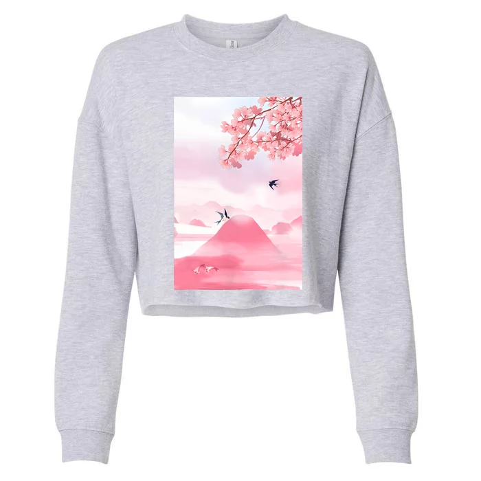 Japanese Cherry Blossom Japanese Woodblock Art Retro Cropped Pullover Crew