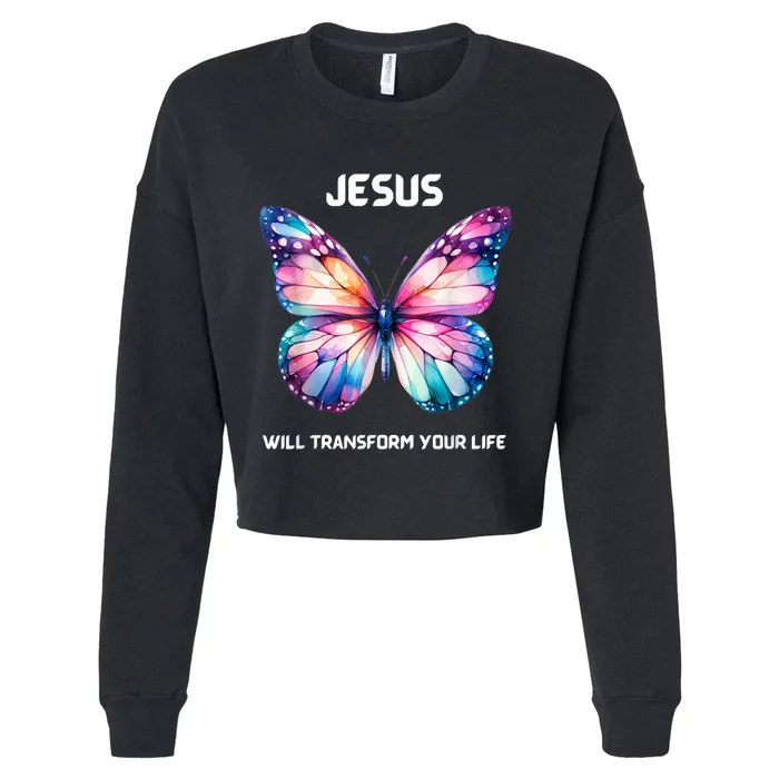 Jesus Christian Butterfly Meaningful Transformation Cropped Pullover Crew