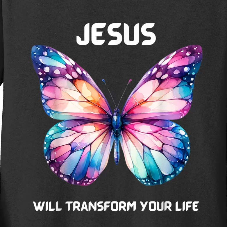 Jesus Christian Butterfly Meaningful Transformation Kids Long Sleeve Shirt