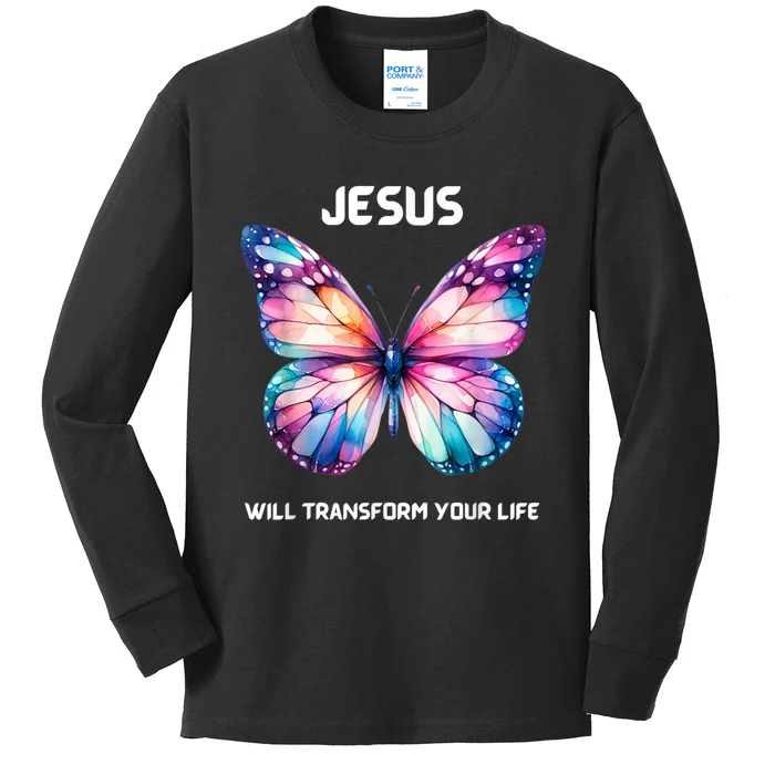 Jesus Christian Butterfly Meaningful Transformation Kids Long Sleeve Shirt