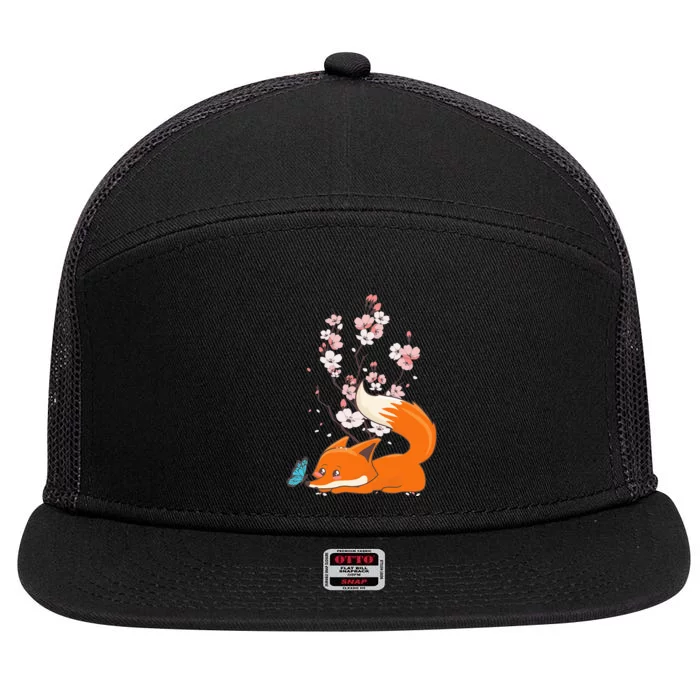 Japanese Cherry Blossom Flower Sakura Kawaii Fox 7 Panel Mesh Trucker Snapback Hat