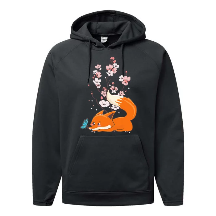 Japanese Cherry Blossom Flower Sakura Kawaii Fox Performance Fleece Hoodie