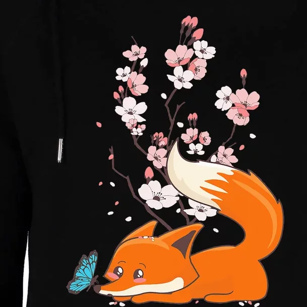 Japanese Cherry Blossom Flower Sakura Kawaii Fox Womens Funnel Neck Pullover Hood