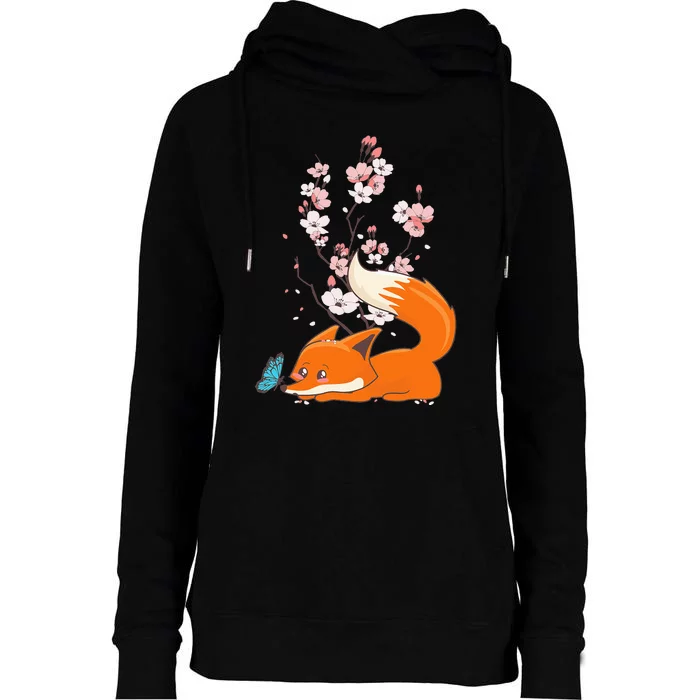 Japanese Cherry Blossom Flower Sakura Kawaii Fox Womens Funnel Neck Pullover Hood