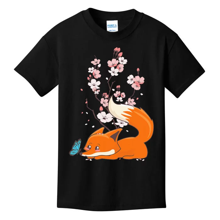 Japanese Cherry Blossom Flower Sakura Kawaii Fox Kids T-Shirt