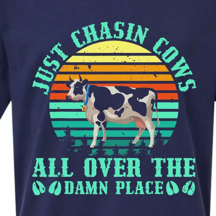 Just Chasin Cows All Over The Damn Place Cow Farmer Sueded Cloud Jersey T-Shirt