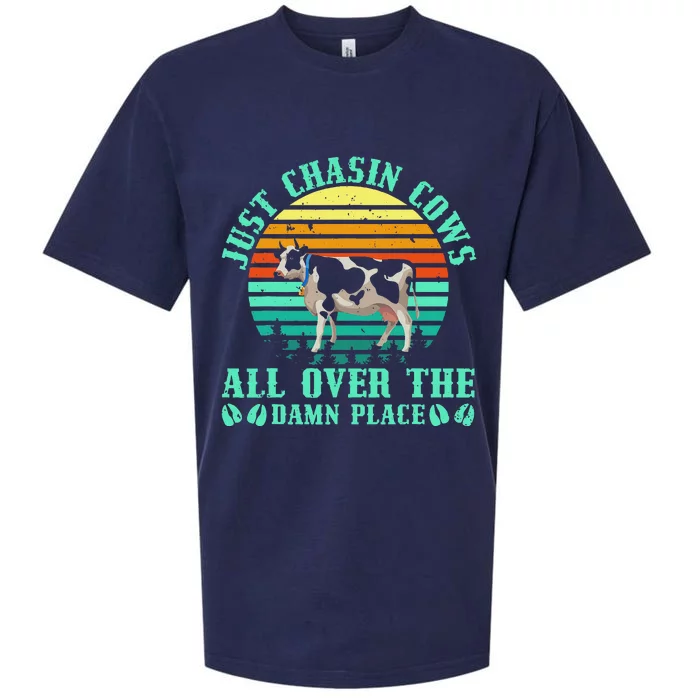 Just Chasin Cows All Over The Damn Place Cow Farmer Sueded Cloud Jersey T-Shirt