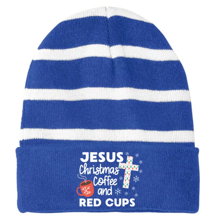 Jesus Christmas Coffee And Red Cups Christian Xmas Holiday Gift Striped Beanie with Solid Band