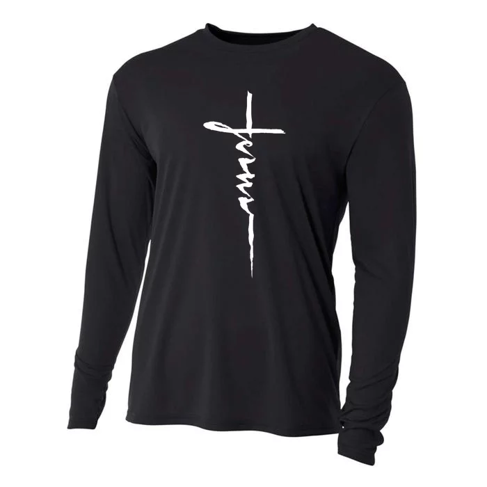 Jesus Christian Cross Art Cursive Inspiring Gift Cooling Performance Long Sleeve Crew