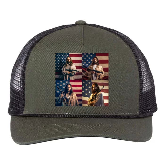 Jesus Christ Carrying Gun Defending America Retro Rope Trucker Hat Cap