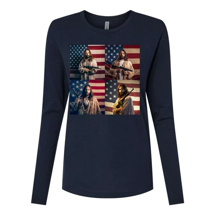 Jesus Christ Carrying Gun Defending America Womens Cotton Relaxed Long Sleeve T-Shirt