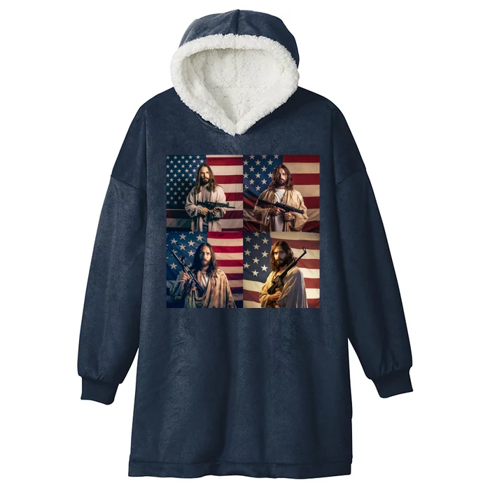 Jesus Christ Carrying Gun Defending America Hooded Wearable Blanket