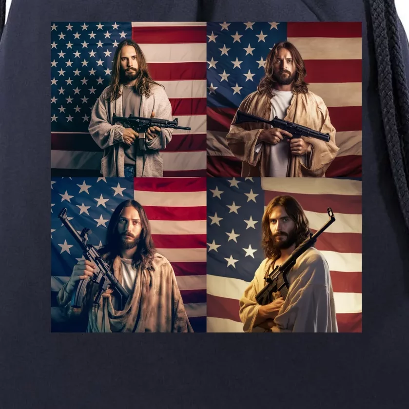 Jesus Christ Carrying Gun Defending America Drawstring Bag