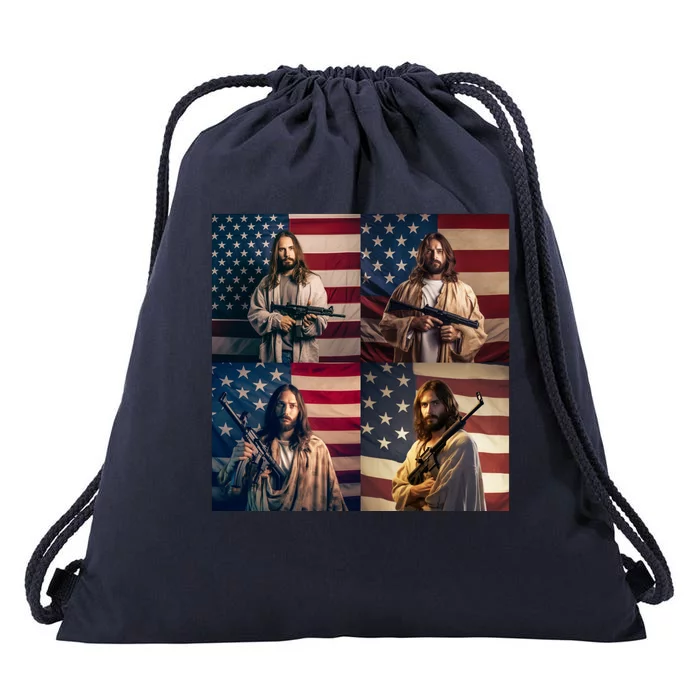 Jesus Christ Carrying Gun Defending America Drawstring Bag