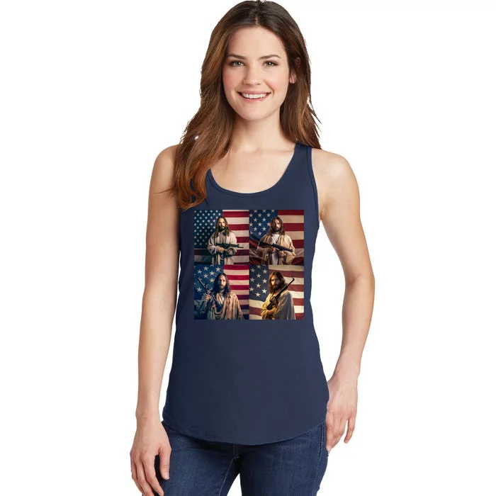 Jesus Christ Carrying Gun Defending America Ladies Essential Tank