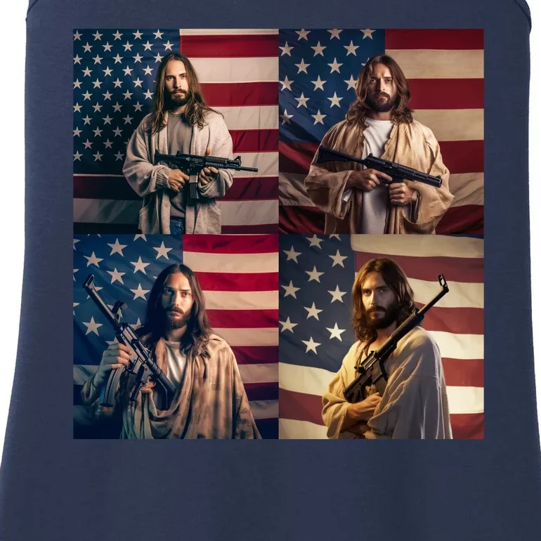 Jesus Christ Carrying Gun Defending America Ladies Essential Tank