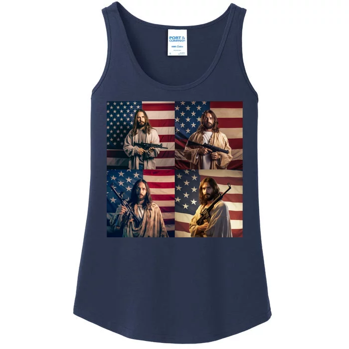 Jesus Christ Carrying Gun Defending America Ladies Essential Tank