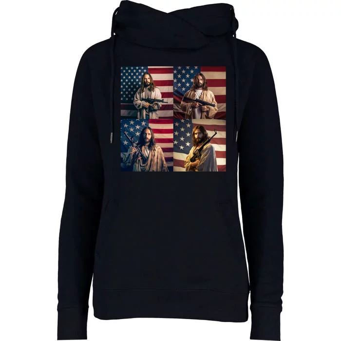 Jesus Christ Carrying Gun Defending America Womens Funnel Neck Pullover Hood