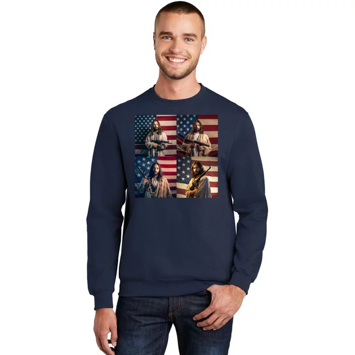 Jesus Christ Carrying Gun Defending America Tall Sweatshirt