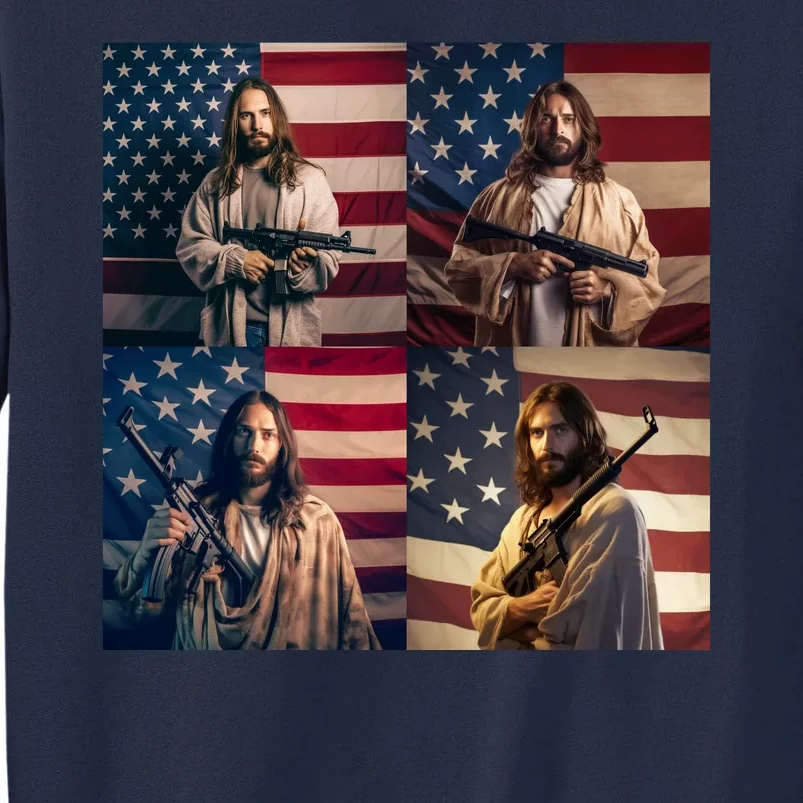 Jesus Christ Carrying Gun Defending America Tall Sweatshirt