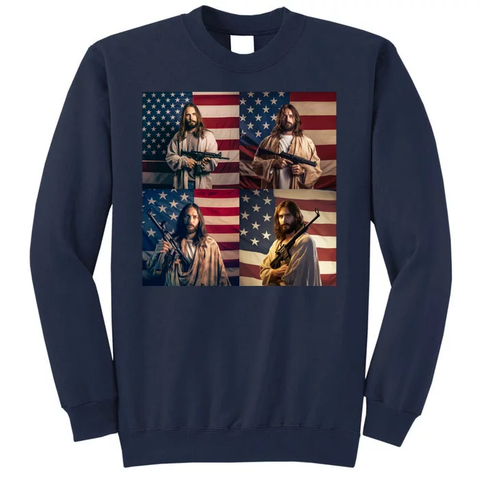 Jesus Christ Carrying Gun Defending America Tall Sweatshirt