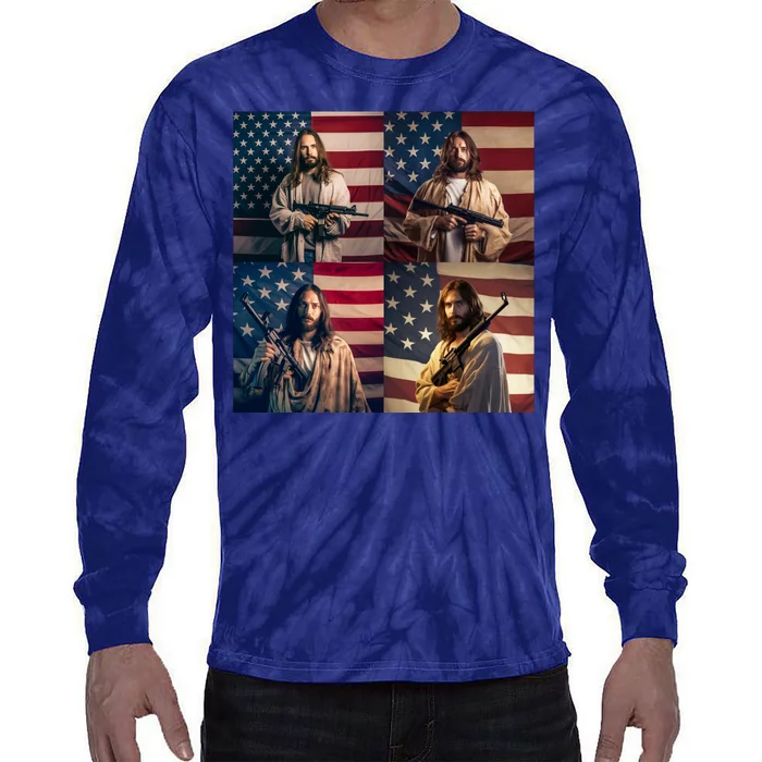 Jesus Christ Carrying Gun Defending America Tie-Dye Long Sleeve Shirt