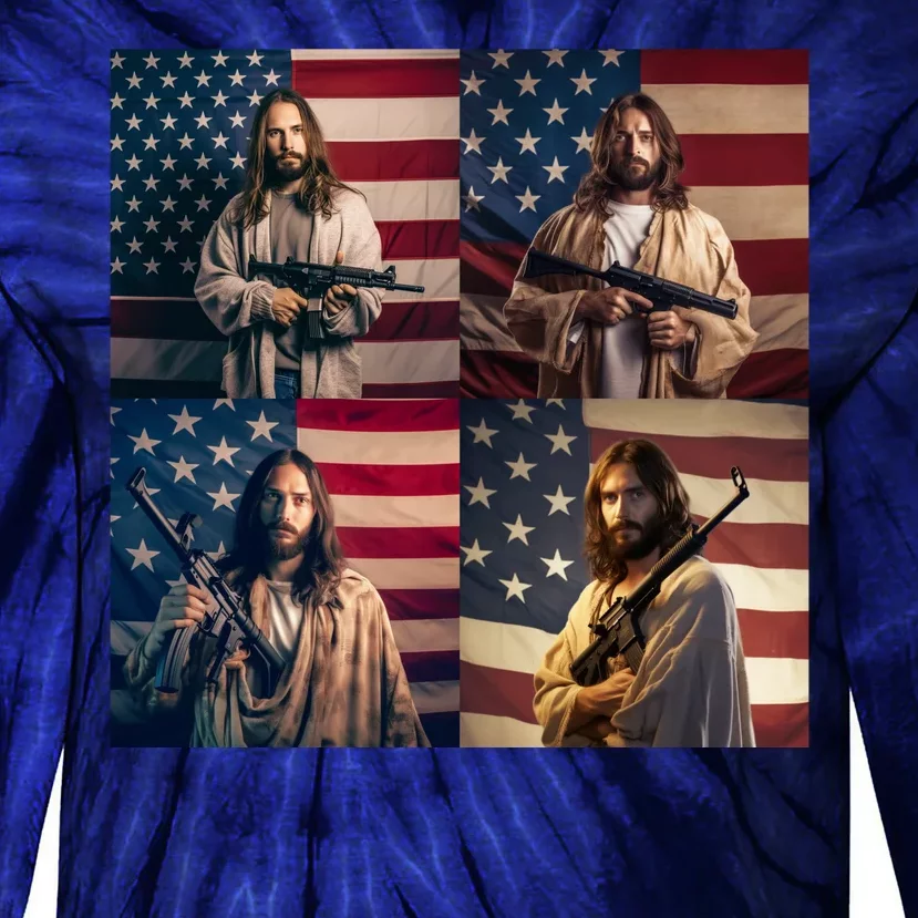 Jesus Christ Carrying Gun Defending America Tie-Dye Long Sleeve Shirt