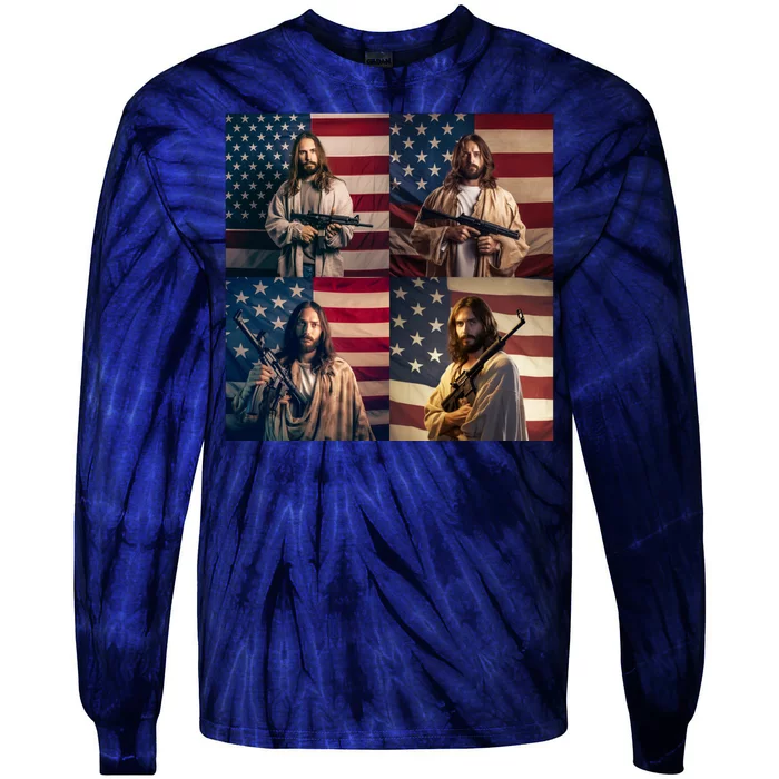 Jesus Christ Carrying Gun Defending America Tie-Dye Long Sleeve Shirt