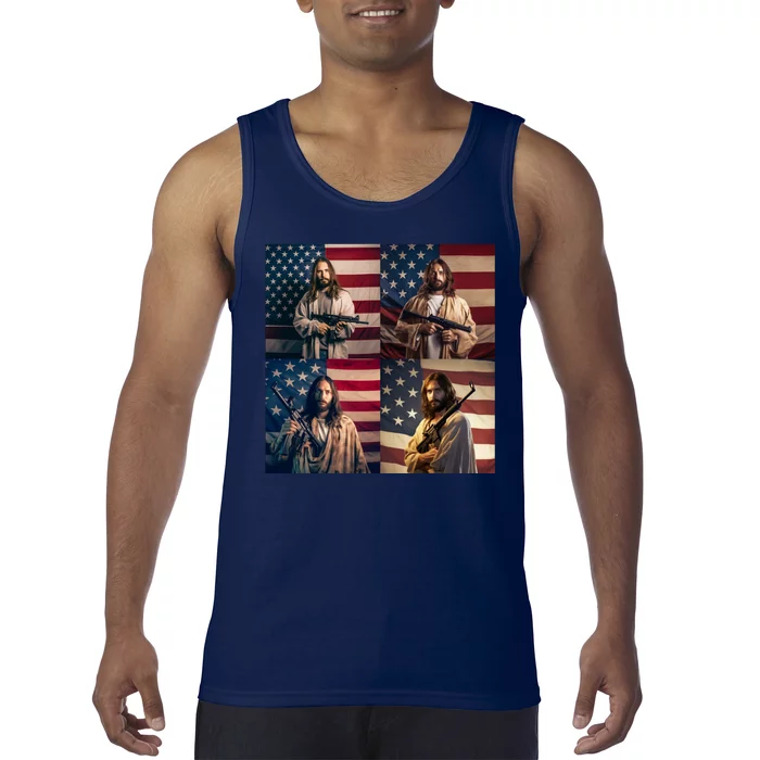 Jesus Christ Carrying Gun Defending America Tank Top