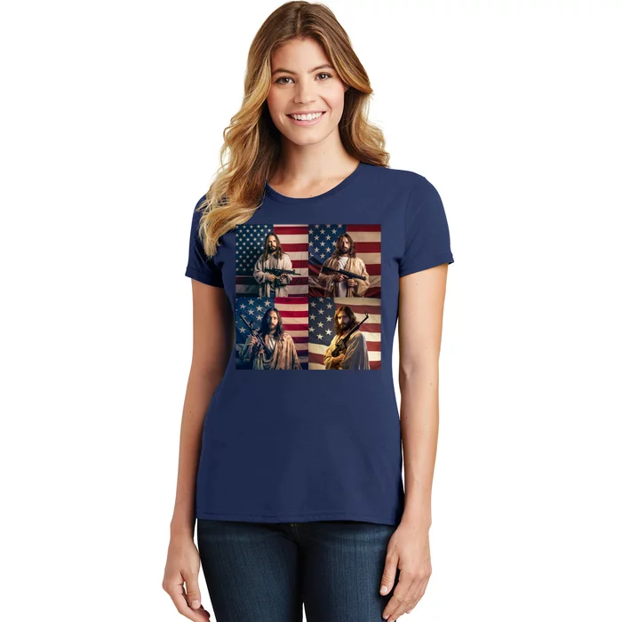 Jesus Christ Carrying Gun Defending America Women's T-Shirt