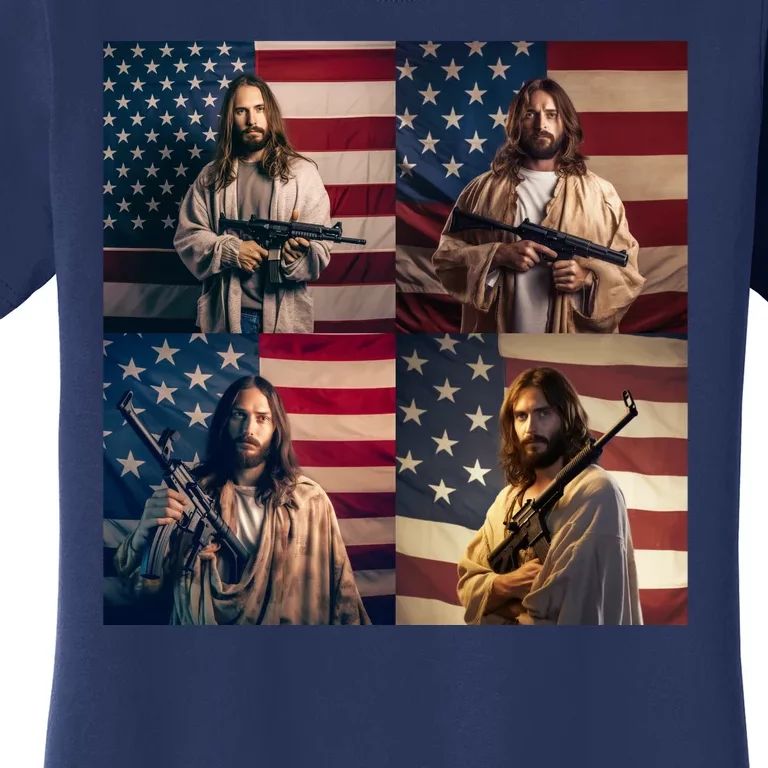 Jesus Christ Carrying Gun Defending America Women's T-Shirt