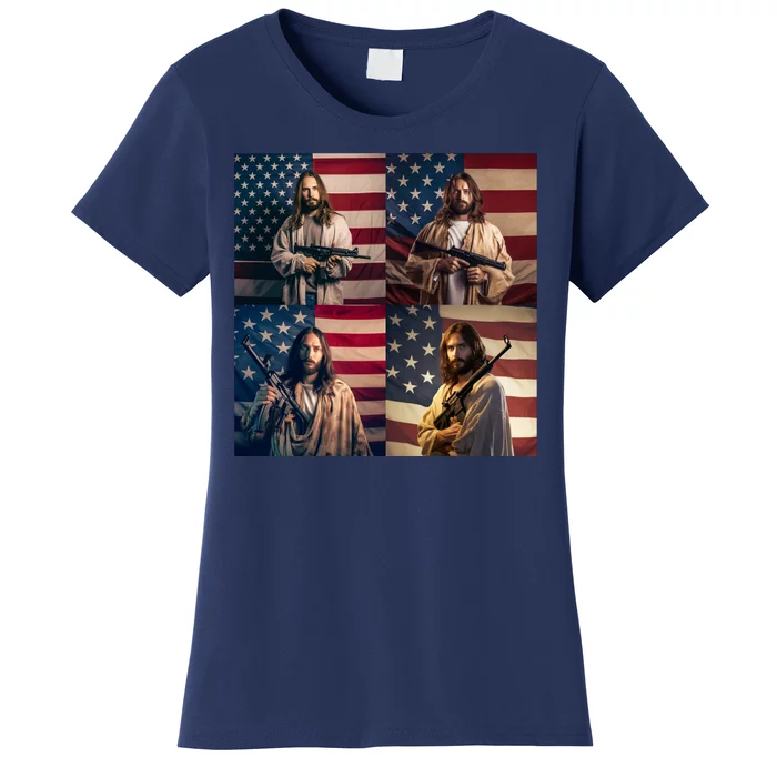 Jesus Christ Carrying Gun Defending America Women's T-Shirt