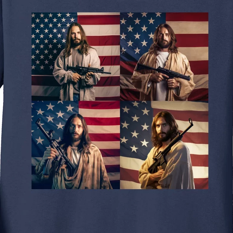 Jesus Christ Carrying Gun Defending America Kids Long Sleeve Shirt