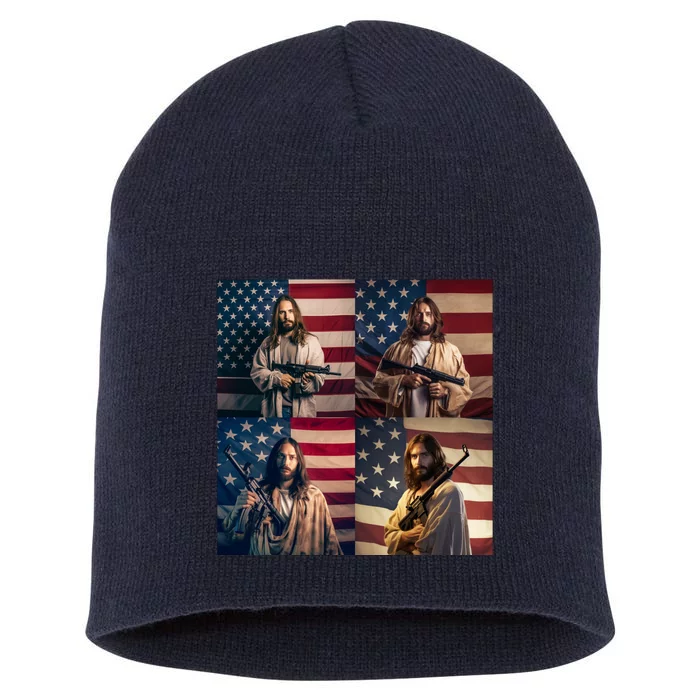 Jesus Christ Carrying Gun Defending America Short Acrylic Beanie